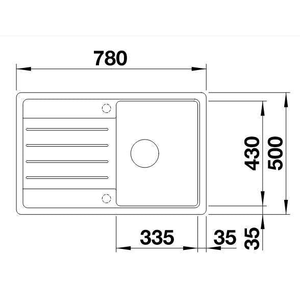 Inset kitchen sink cutout diagram: 780mm x 500mm overall, 430mm bowl, 335mm basin