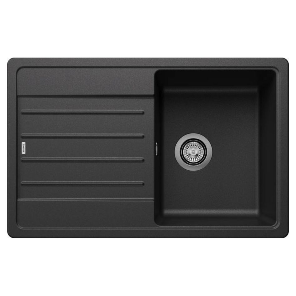 Anthracite inset kitchen sink with single bowl and left drainer board, circular drain