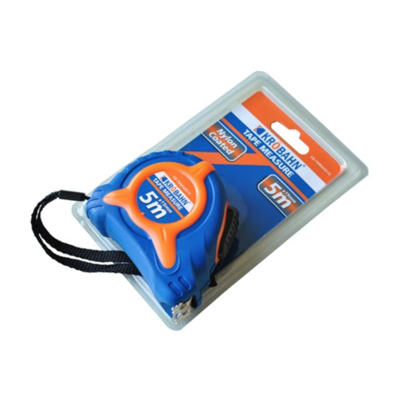 Krobahn tape measure 5m with blue and orange housing, black strap, tape extended on blister