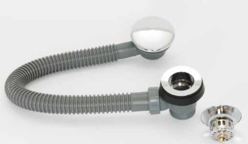 Bath plug and waste with grey corrugated hose, clicker drain body, and metal cap