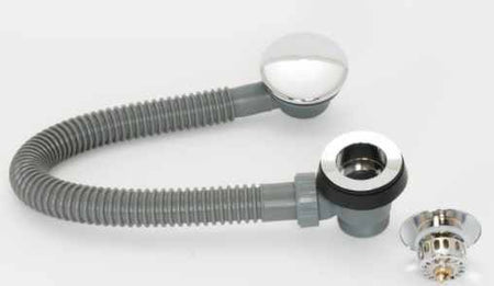 Bath plug and waste with grey corrugated hose, clicker drain body, and metal cap