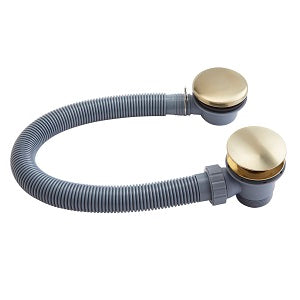 Bath plug and waste kit with brushed brass click tops and flexible ribbed hose