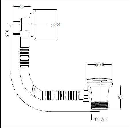 Bath plug and waste technical diagram with inlet, corrugated hose, and size measurements