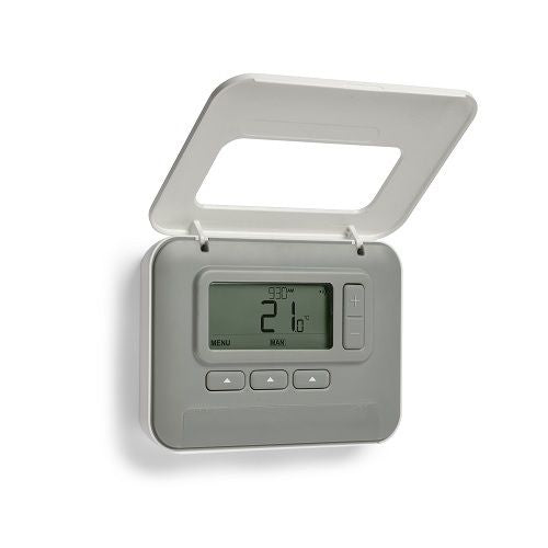 Wireless thermostat with open cover showing LCD screen and buttons, Honeywell Home T3R
