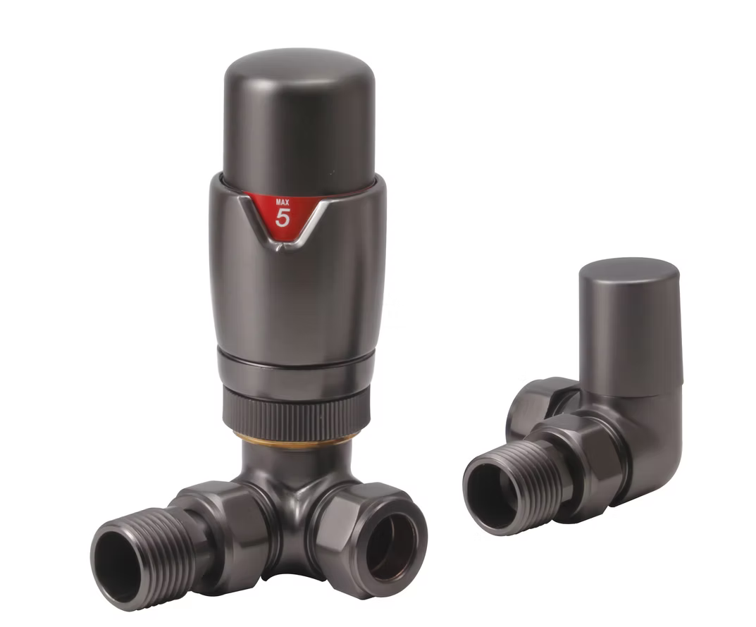 Gun metal round thermostatic radiator valve with corner manifold and numbered ring