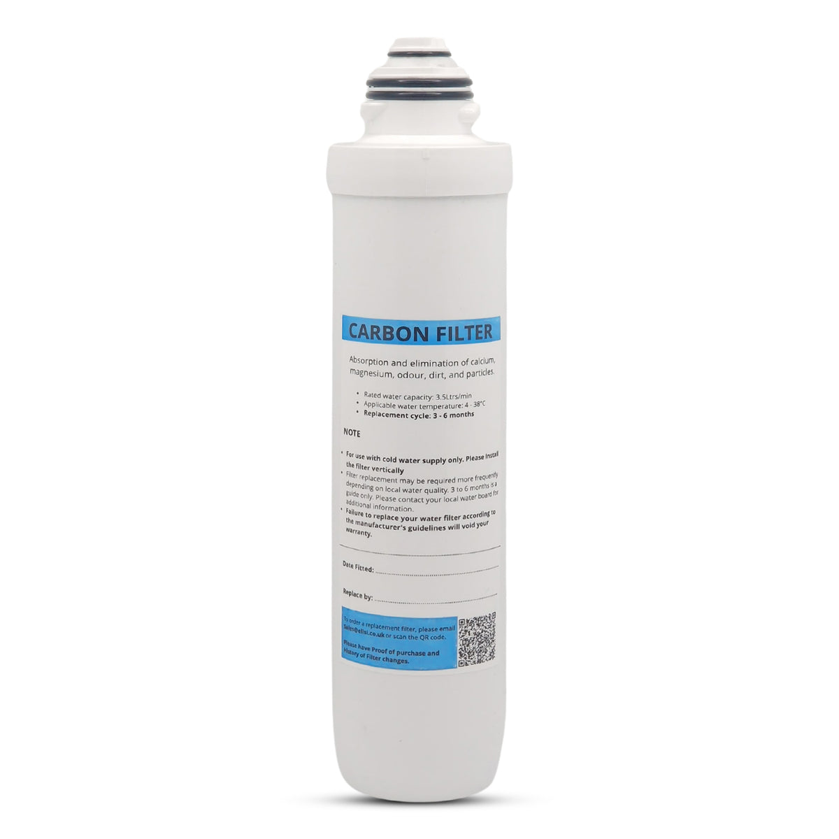 Replacement carbon water filter cartridge, white with blue label panel
