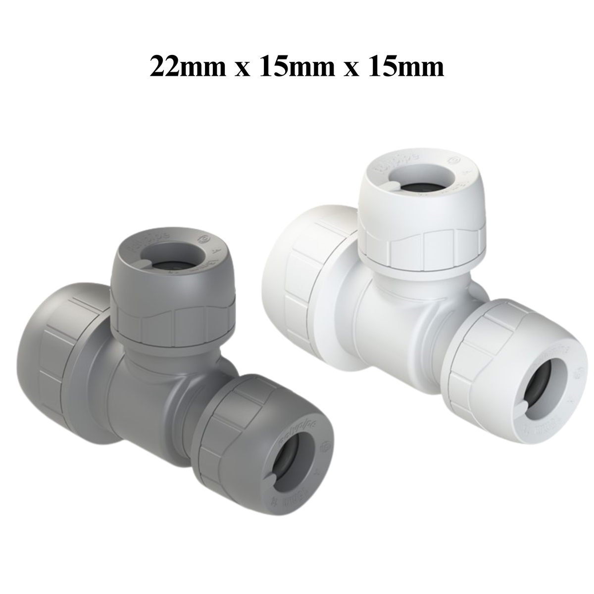 22mm x 15mm x 15mm tee push-fit fitting, grey and white angled view
