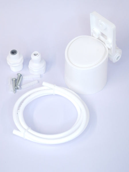 Replacement filter parts set with white housing, tubing, and small fittings
