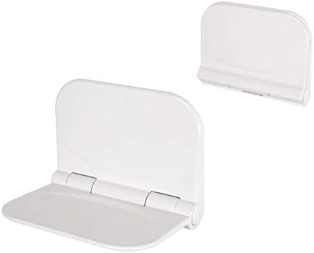 Fold-away shower seat with hinged backrest and smooth light-grey seat surface