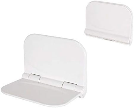 Fold-away shower seat with hinged backrest and smooth light-grey seat surface