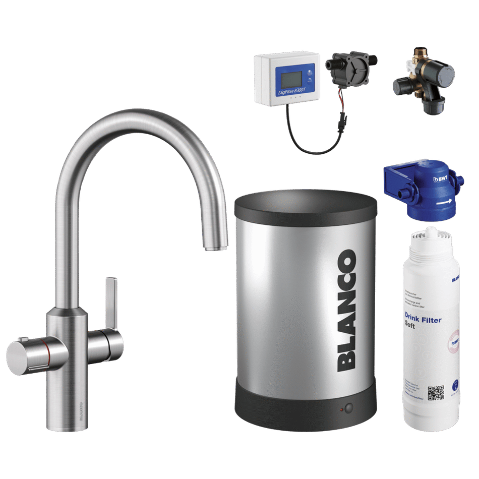 Stainless steel hot water tap with boiling water unit and filter bottle