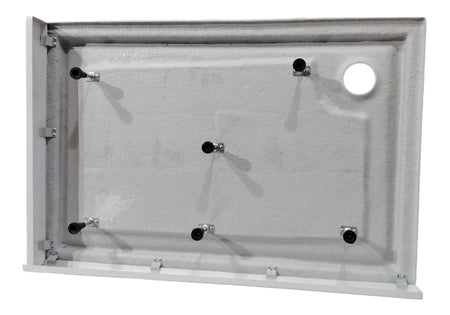 White metal tray riser frame with mounting studs and corner brackets