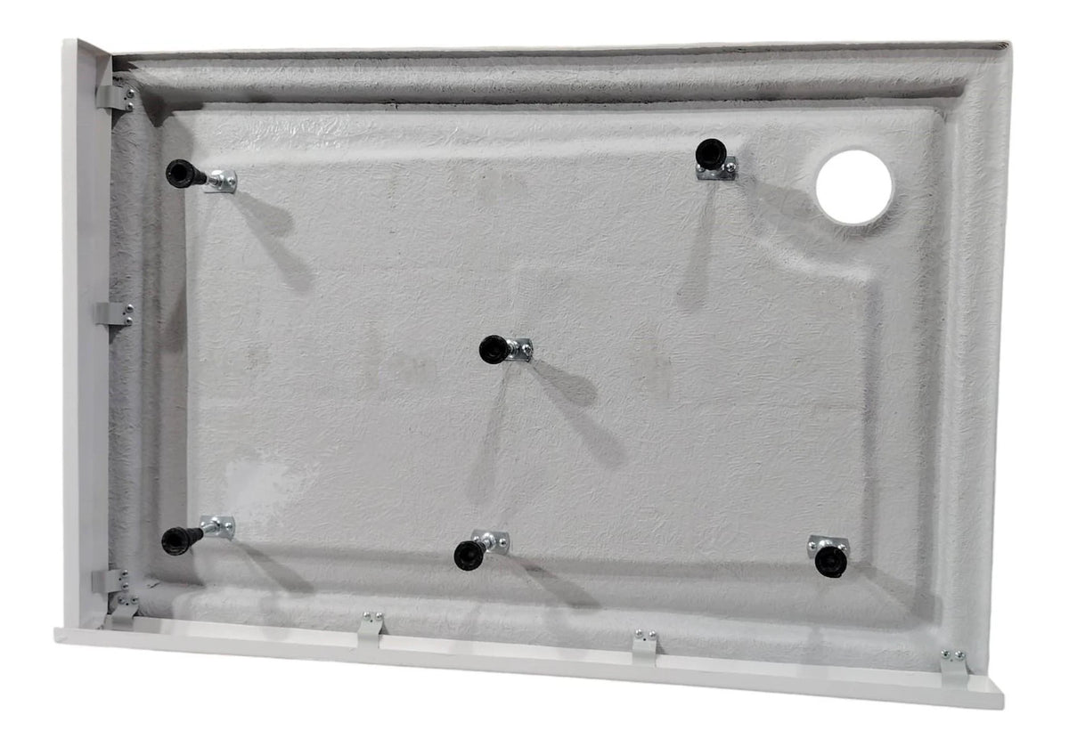 White low-profile riser set base frame with mounting holes and side supports