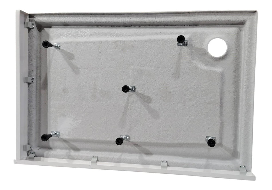 White low-profile riser set base frame with mounting holes and side supports