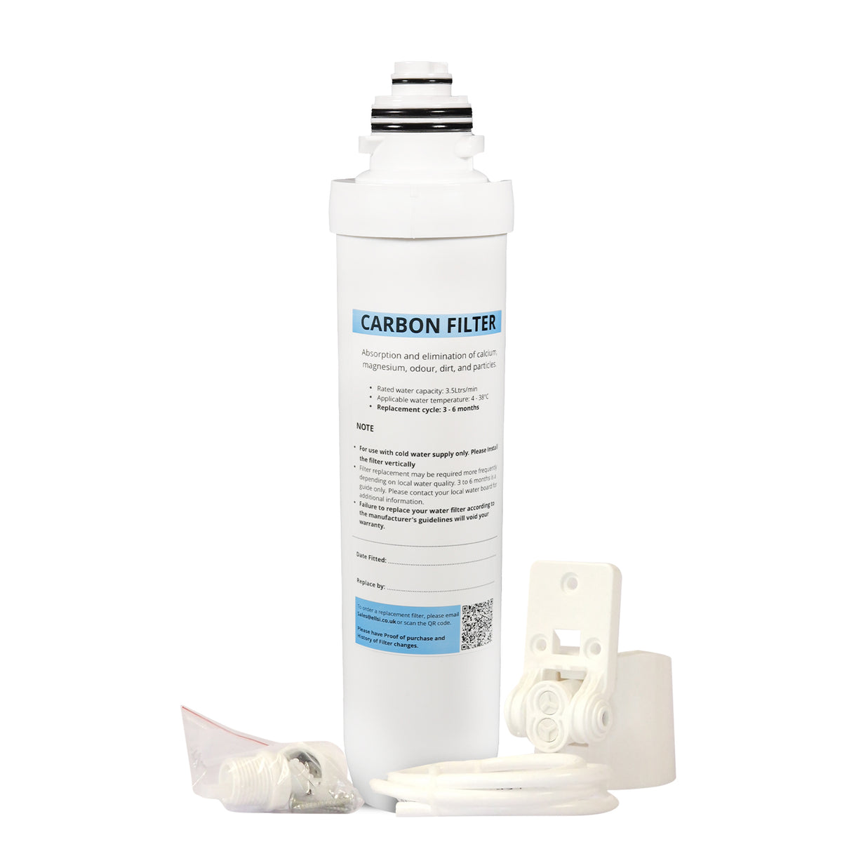 Carbon filter cartridge kit with white housing pieces, tubing, and small bagged parts