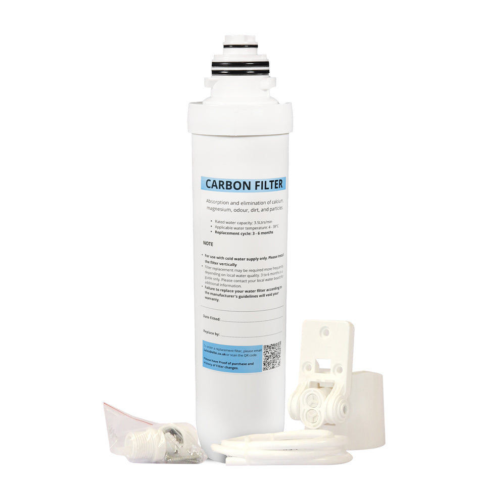 Carbon filter cartridge kit with white housing pieces, tubing, and small bagged parts