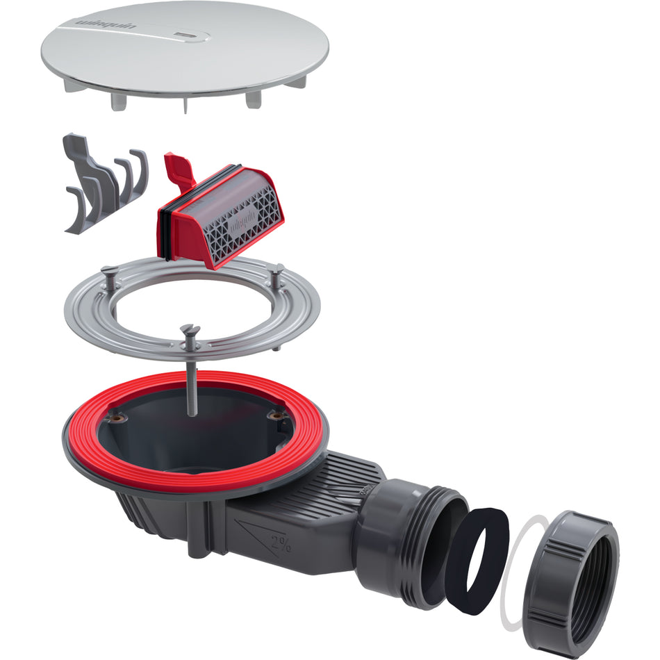 Shower waste seal kit with chrome dome cover, red membrane, grey ABS fitting parts