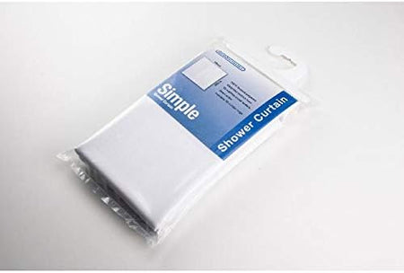 White shower curtain, folded and sealed in retail packaging