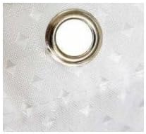White shower curtain grommet ring with diamond-patterned fabric around