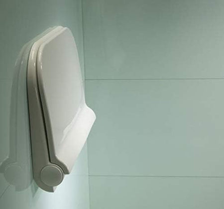 Fold-away wall shower seat with backrest in upright position, light-grey plastic