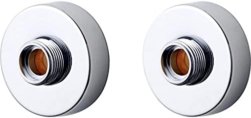 Chrome circular shower valve trim plate with central threaded connection and copper insert