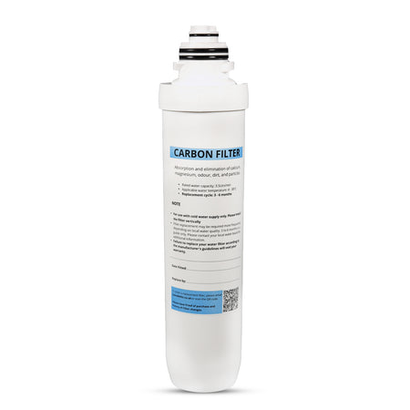 White carbon filter cartridge with blue label and printed specification text