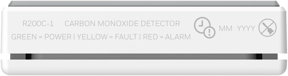 White carbon monoxide detector face with power and alarm indicator legend