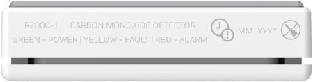 White carbon monoxide detector face with power and alarm indicator legend
