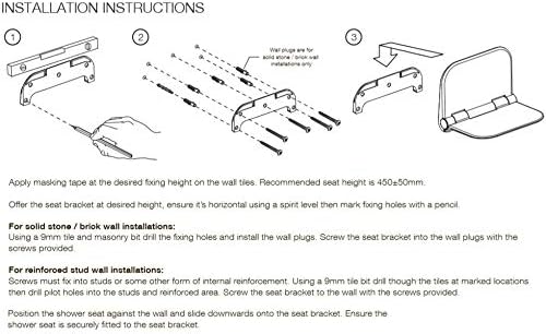 Shower seat installation instructions sheet with numbered steps