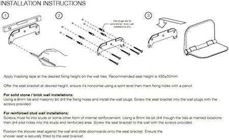 Shower seat installation instructions sheet with numbered steps