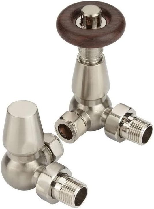 Satin nickel thermostatic radiator corner valves with metal heads and angled outlet connections