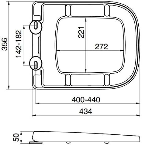 Gray D-shaped toilet seat diagram with mounting holes and size measurements