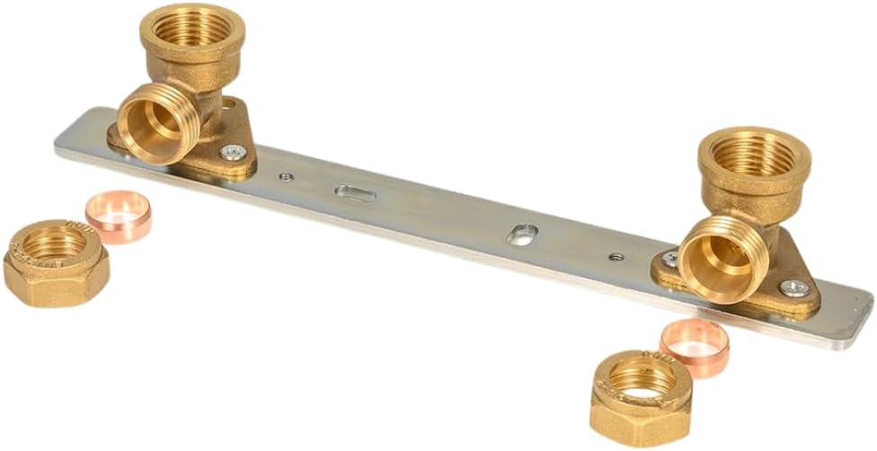 Concealed shower wall bracket fixing plate with two brass threaded pipe connectors