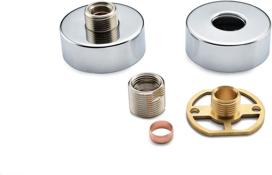 Chrome shower valve mounting bases with threaded male adapter, copper washer, and brass bracket