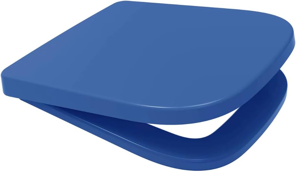 Blue square-shaped soft-close toilet seat with top and bottom fix hinges