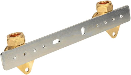 Metal shower wall fixing plate with brass fittings and mounting bracket feet