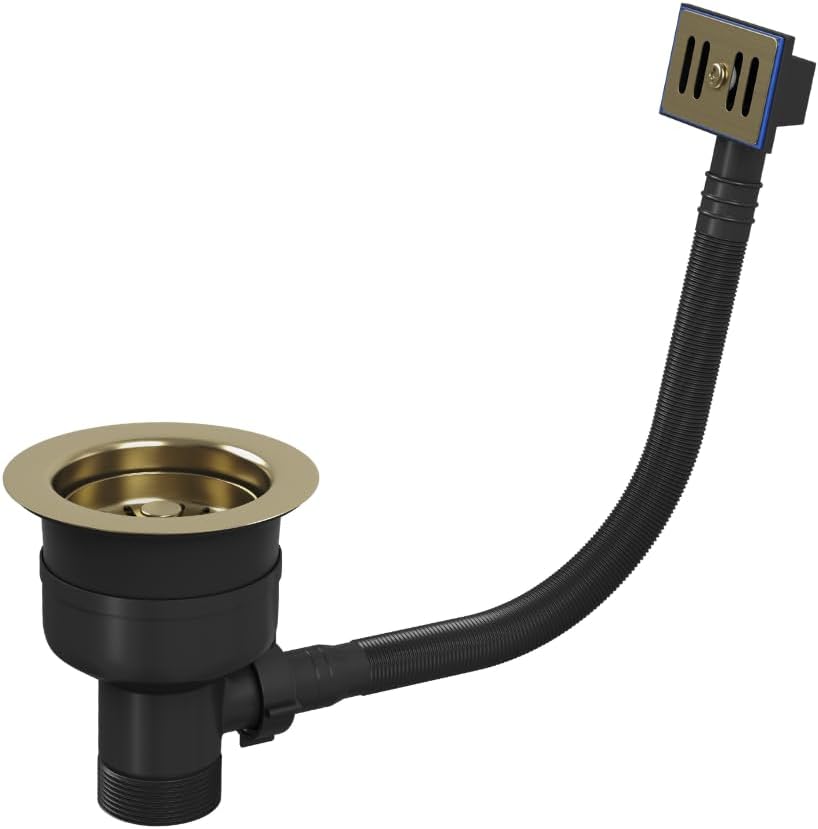 Brushed brass 90mm sink strainer with black waste pipe and flexible hose kit