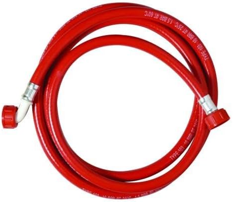 Red hot water fill inlet hose with white elbow connector ends