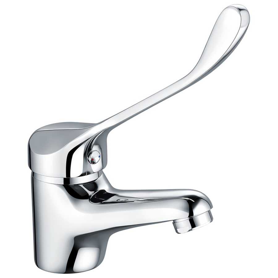 Chrome long lever basin mixer tap with curved spout and lever handle