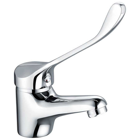 Chrome long lever basin mixer tap with curved spout and lever handle