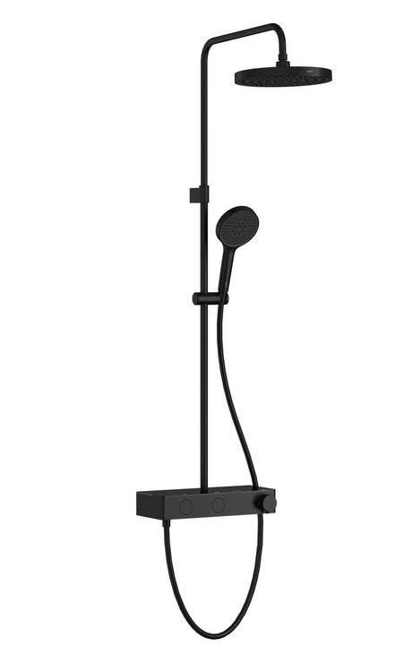 Matte black round shower system with overhead showerhead and handheld sprayer