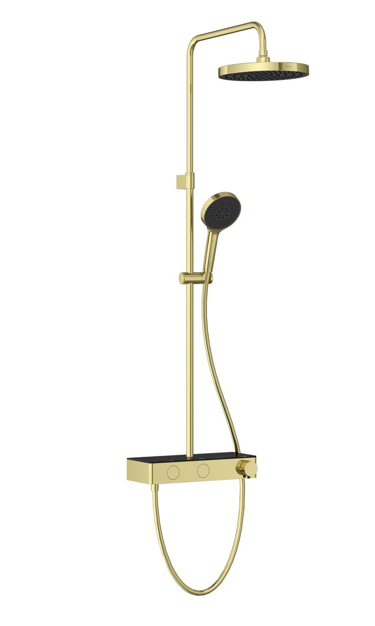 Soft gold round shower system with overhead showerhead and handheld sprayer