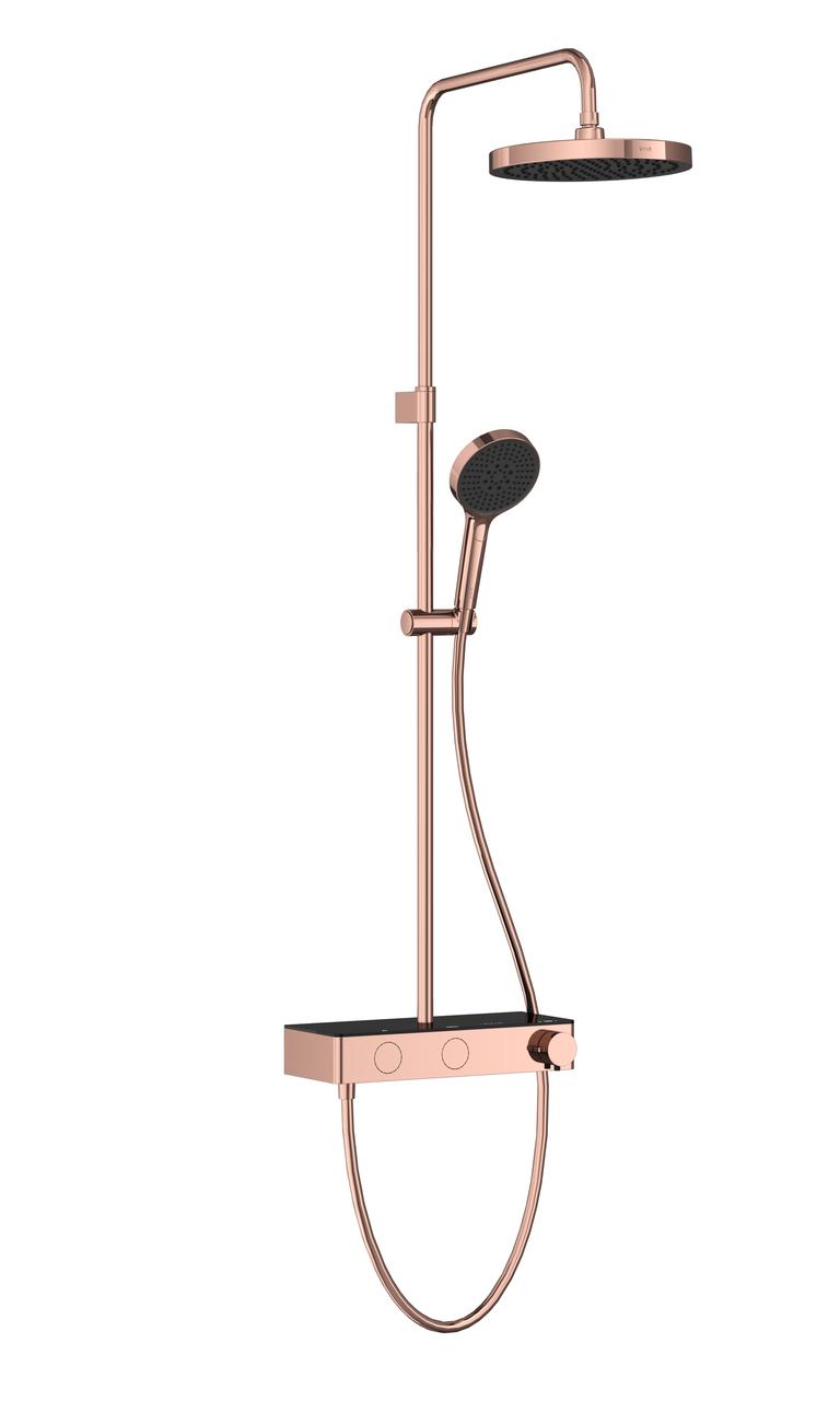 Soft copper round shower system with overhead showerhead and handheld sprayer