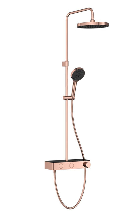 Soft copper round shower system with overhead showerhead and handheld sprayer