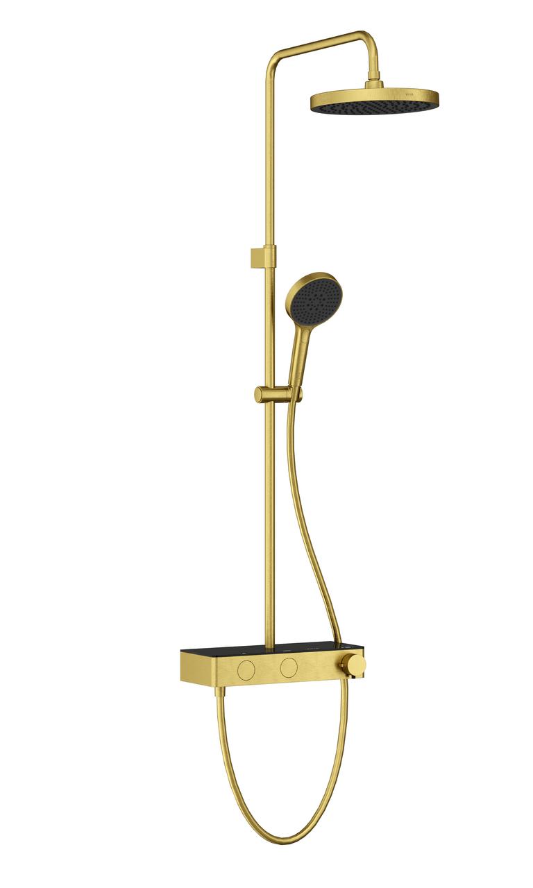 Brushed brass round shower system with overhead showerhead and handheld sprayer