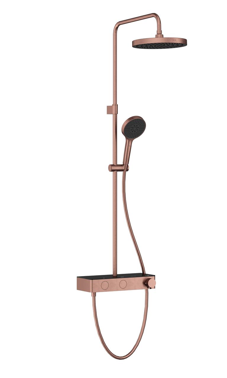 Rose copper round shower system with overhead showerhead and handheld sprayer