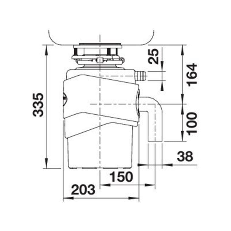Waste disposal unit size diagram with height 335 and width 203, depth 150