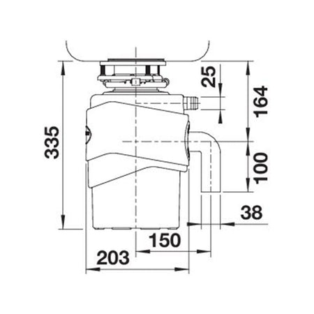 Waste disposal unit size diagram with height 335 and width 203, depth 150