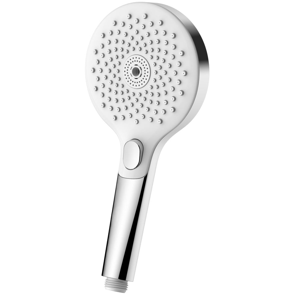 Chrome and white shower head with round spray face and handheld handle
