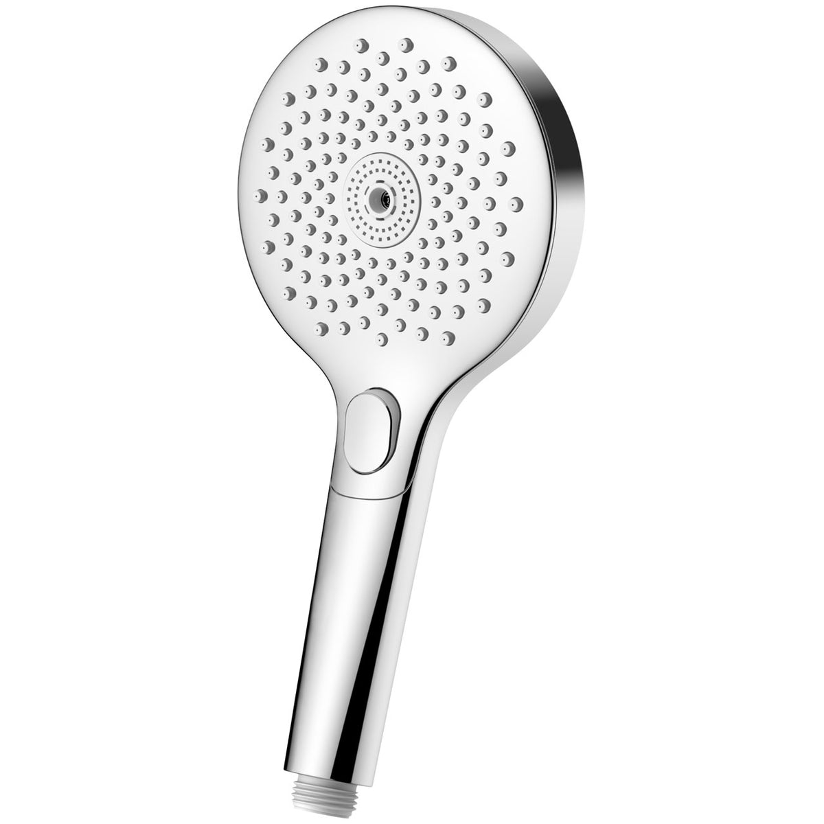 Chrome handheld shower head with round spray face and single jet
